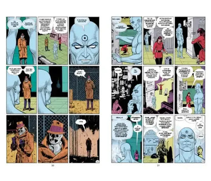 Watchmen comic page by Alan Moore and Dave Gibbons: blue-skinned character in trench coat