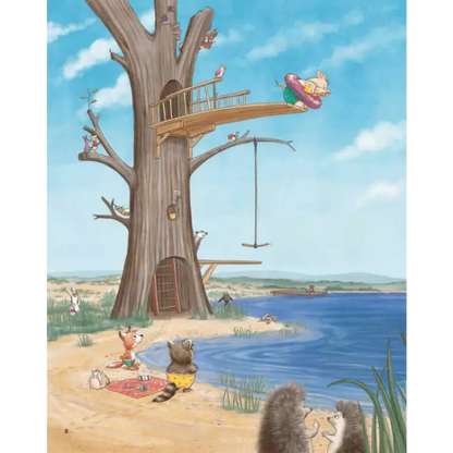 Whimsical treehouse by the water in kids fantasy book When Pigs Fly by Ulla Mersmeyer