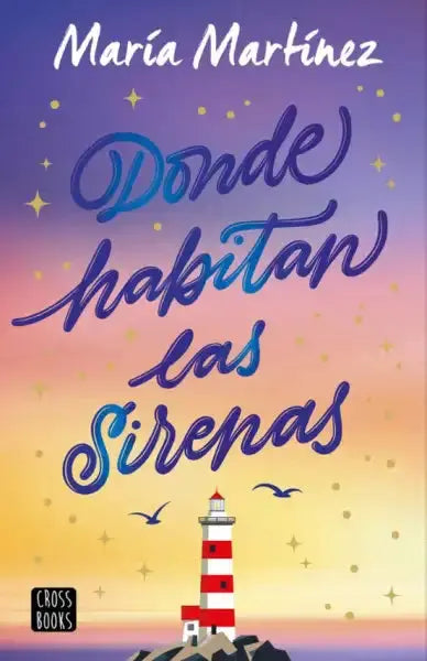 Where the mermaids live book cover: red white striped lighthouse on purple orange sky