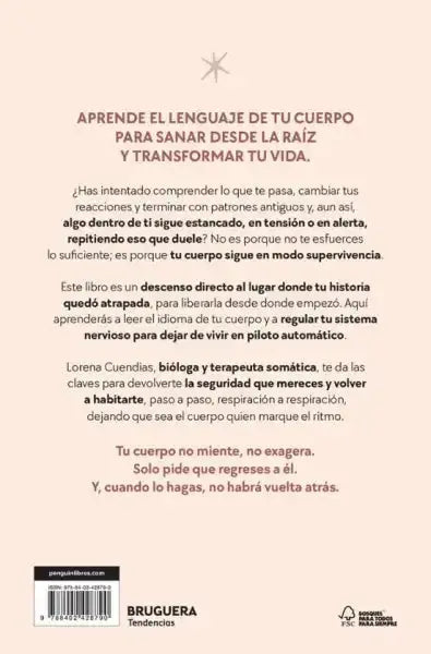 Back cover of Aprende el Lenguaje de Tu Cuerpo by Lorena Cuendias on somatic therapy and emotional patterns