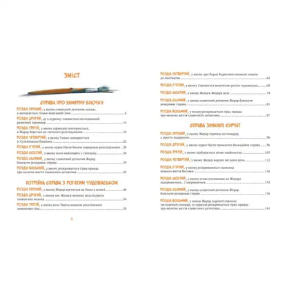 Open book displaying table of contents for Vivat Detective Zherar on Vytivka Hardcover